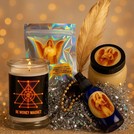 New Year Basket- Money Magnet Candle, Abundance Spray & Body Scrub, Bath Pyrite or Tiger Eye Bracelet